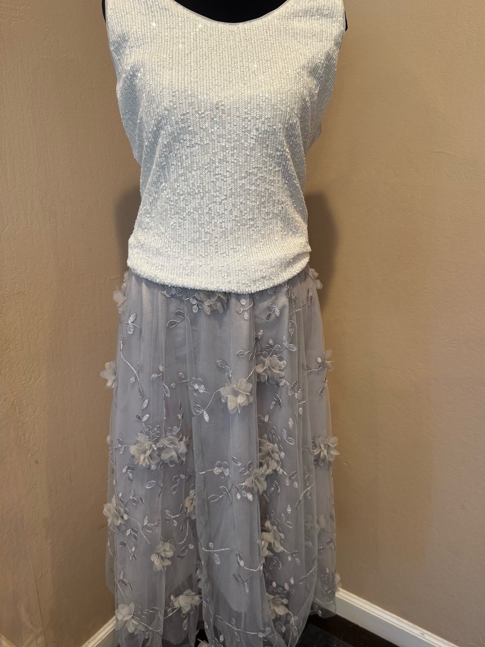 Silver Tulle Maxi Skirt W/3D Floral Appliqués and Silver Thread Embroidery